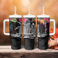 Personalised Hawaii Tumbler With Handle Humpback Whale Tattoo With Tropical Flowers Black