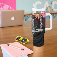 Personalised Hawaii Tumbler With Handle Humpback Whale Tattoo With Tropical Flowers Black