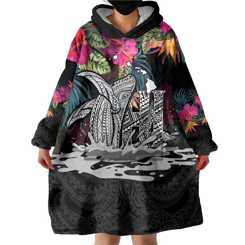 Personalised Hawaii Wearable Blanket Hoodie Humpback Whale Tattoo With Tropical Flowers Black