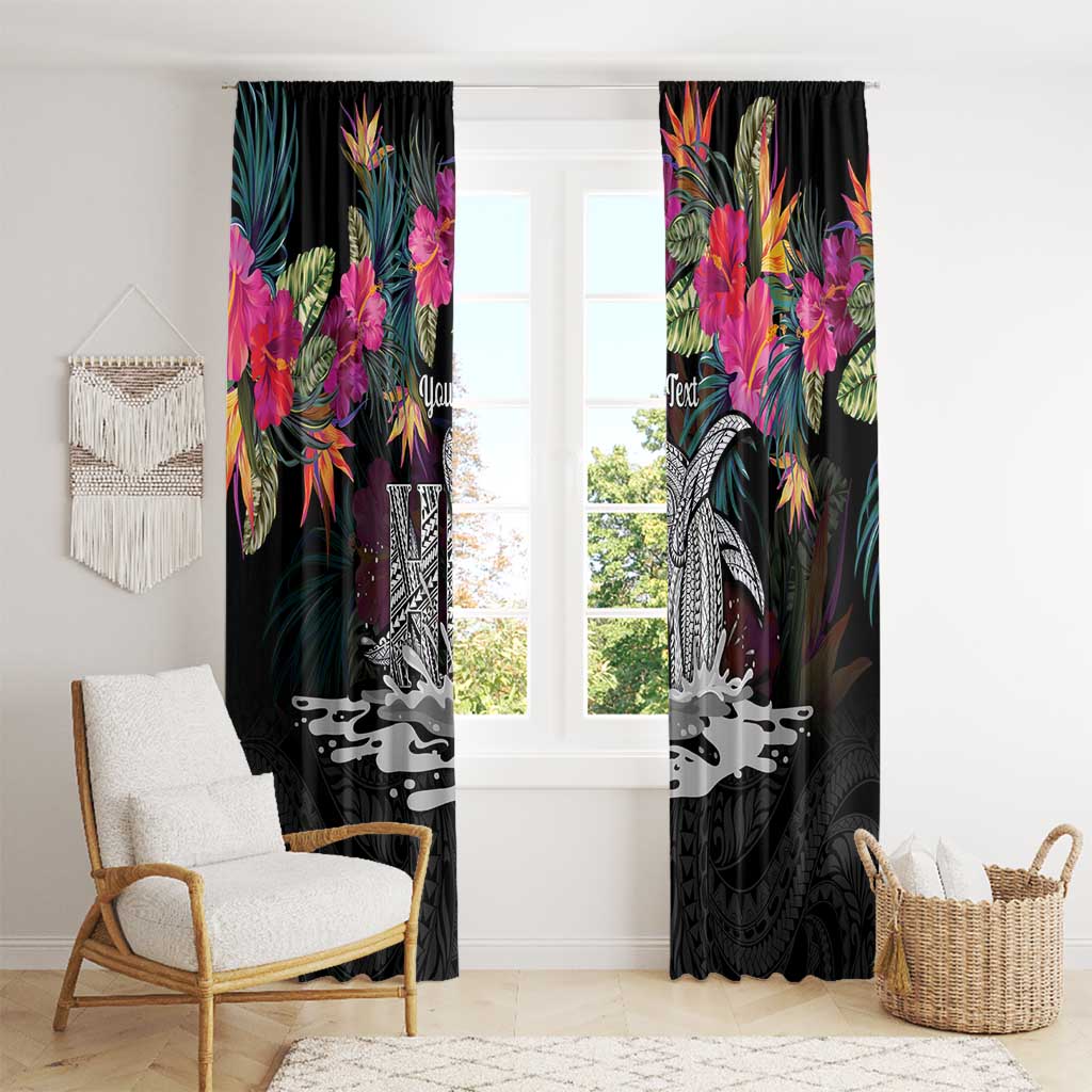 Personalised Hawaii Window Curtain Humpback Whale Tattoo With Tropical Flowers Black