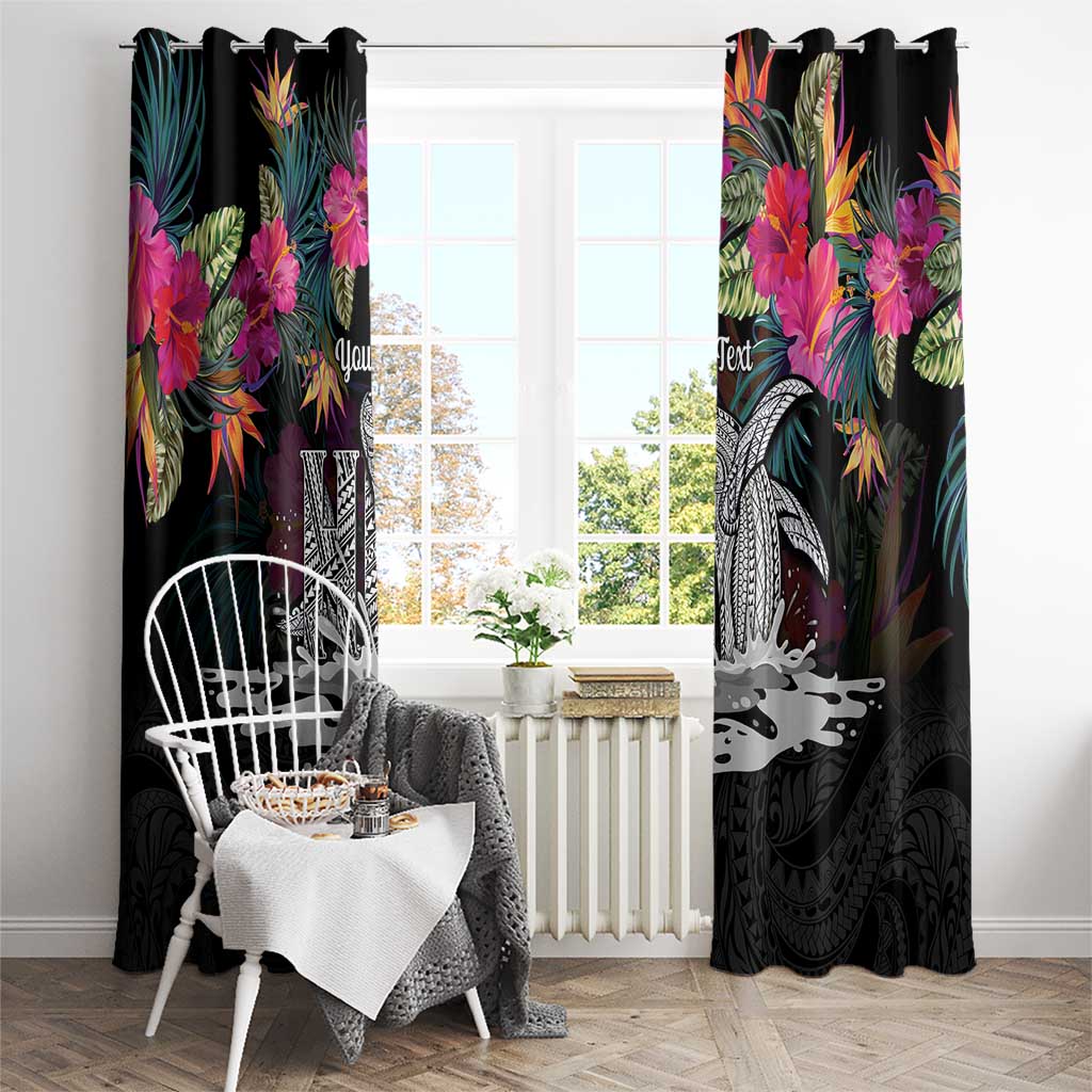 Personalised Hawaii Window Curtain Humpback Whale Tattoo With Tropical Flowers Black