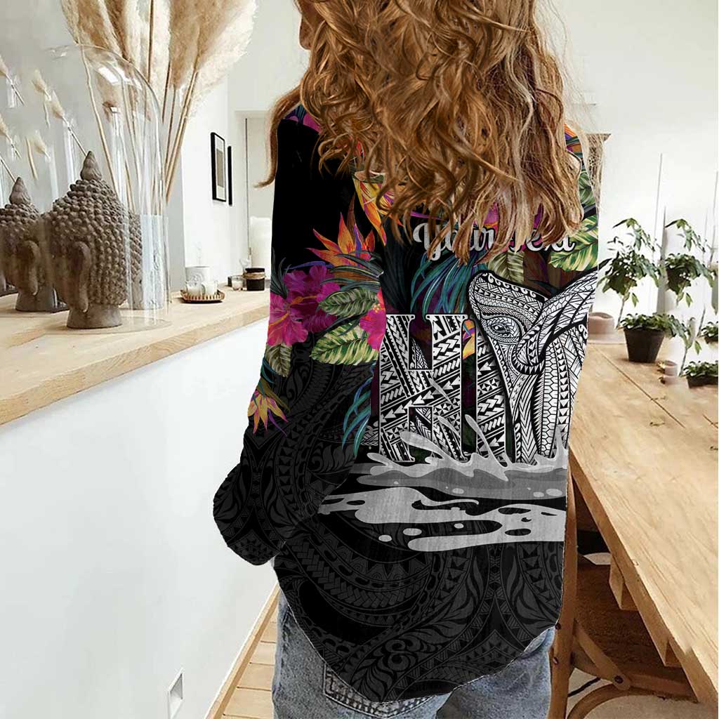 Personalised Hawaii Women Casual Shirt Humpback Whale Tattoo With Tropical Flowers Black