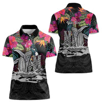 Personalised Hawaii Women Polo Shirt Humpback Whale Tattoo With Tropical Flowers Black