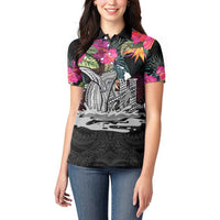 Personalised Hawaii Women Polo Shirt Humpback Whale Tattoo With Tropical Flowers Black