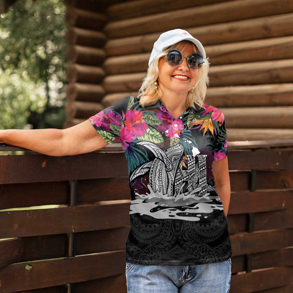 Personalised Hawaii Women Polo Shirt Humpback Whale Tattoo With Tropical Flowers Black