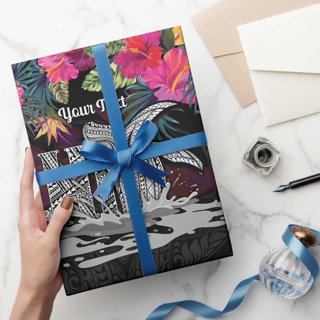 Personalised Hawaii Wrapping Paper Humpback Whale Tattoo With Tropical Flowers Black