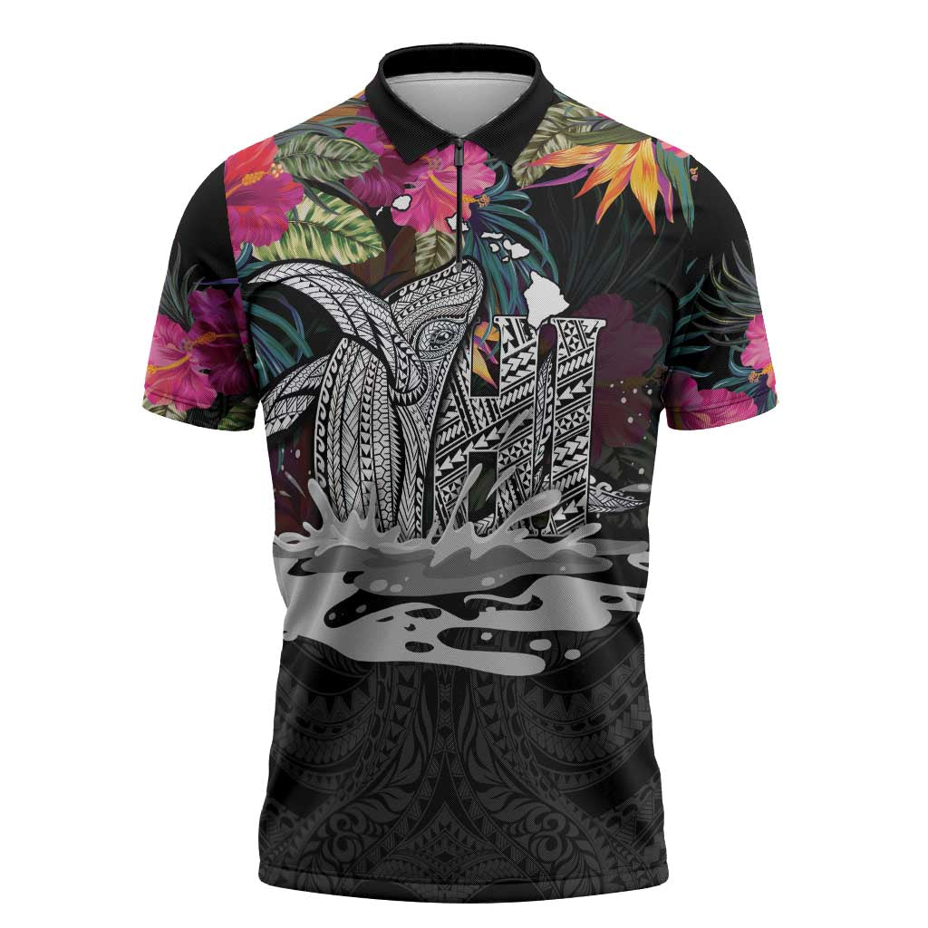 Personalised Hawaii Zipper Polo Shirt Humpback Whale Tattoo With Tropical Flowers Black