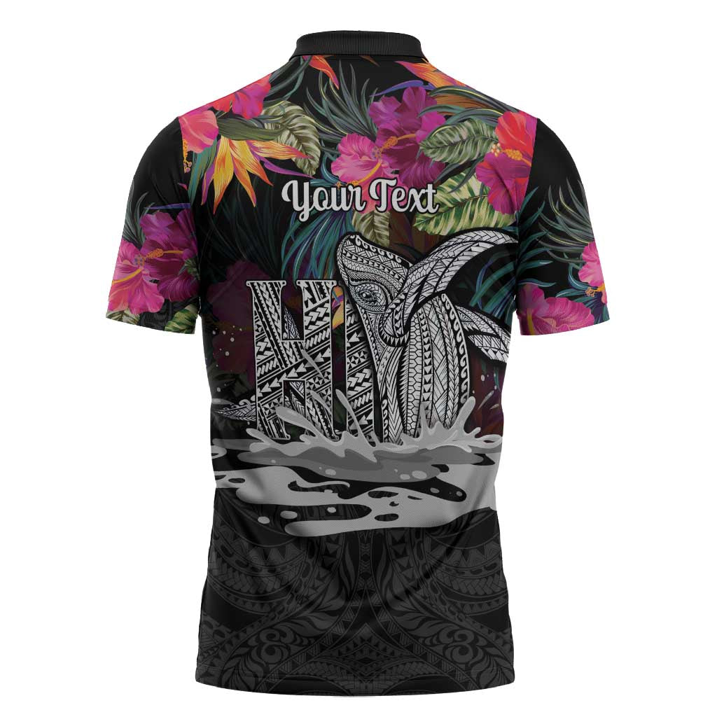 Personalised Hawaii Zipper Polo Shirt Humpback Whale Tattoo With Tropical Flowers Black