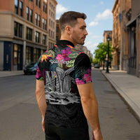 Personalised Hawaii Zipper Polo Shirt Humpback Whale Tattoo With Tropical Flowers Black