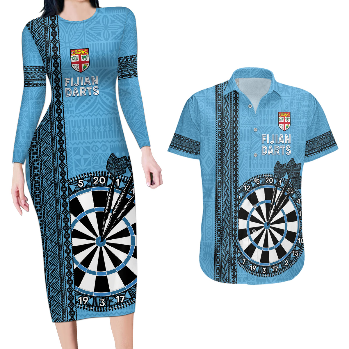 Personalised Fiji Darts Couples Matching Long Sleeve Bodycon Dress and Hawaiian Shirt Fijian Tapa Pattern - Blue LT14 Blue - Polynesian Pride