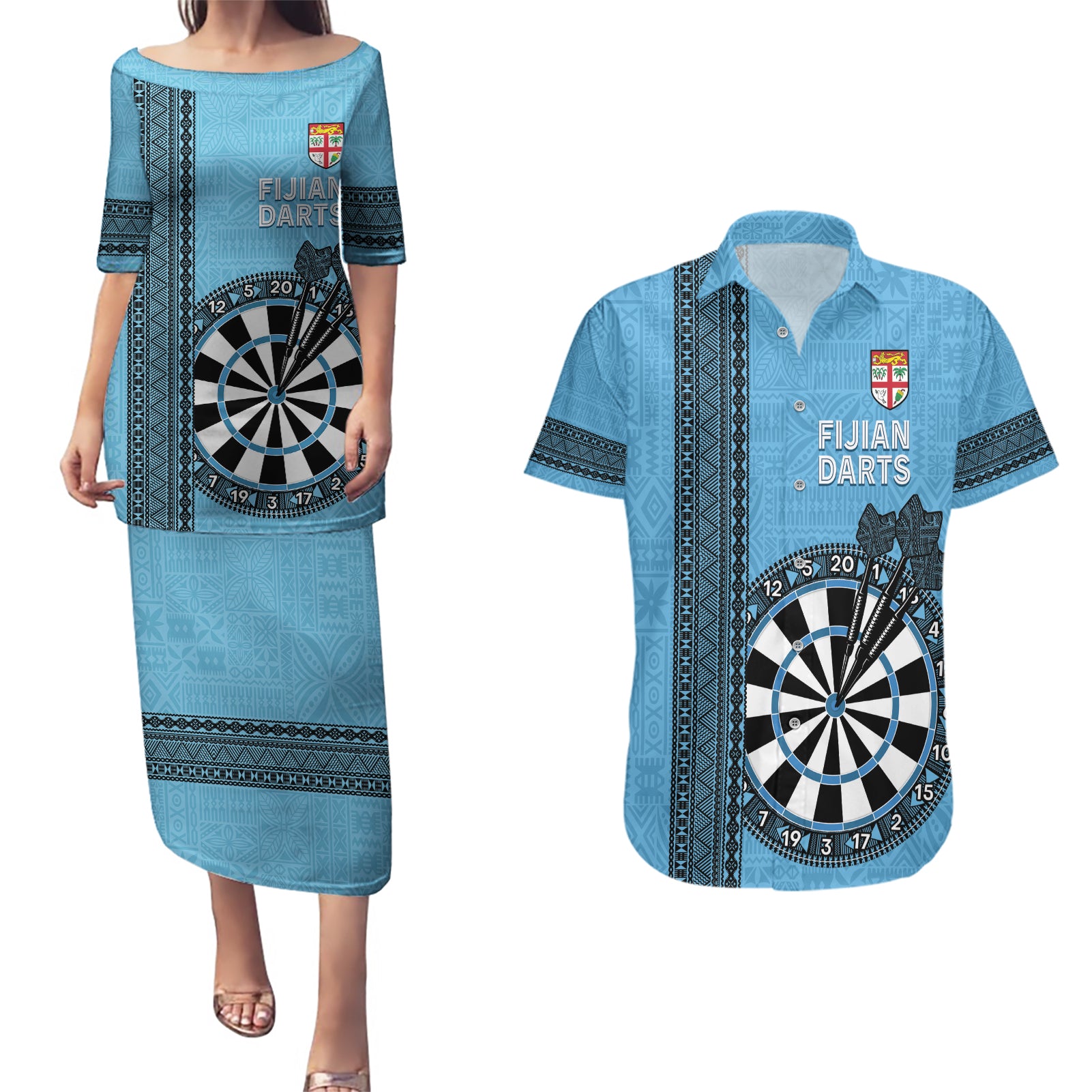 Personalised Fiji Darts Couples Matching Puletasi and Hawaiian Shirt Fijian Tapa Pattern - Blue