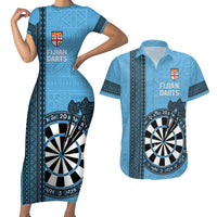 Personalised Fiji Darts Couples Matching Short Sleeve Bodycon Dress and Hawaiian Shirt Fijian Tapa Pattern - Blue LT14 Blue - Polynesian Pride