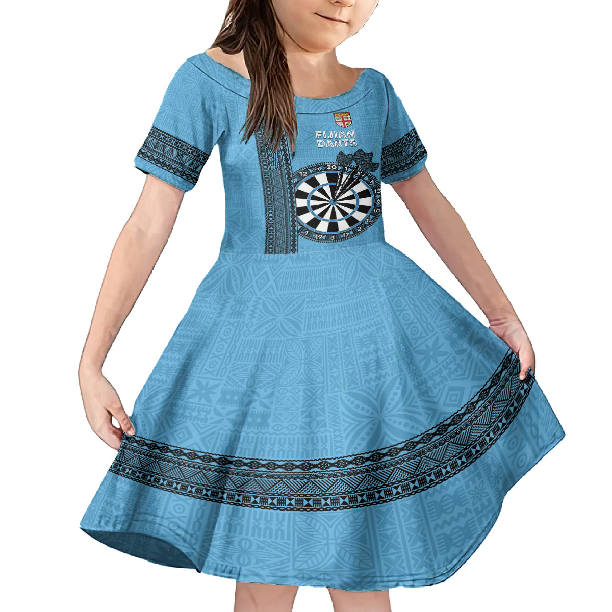 Personalised Fiji Darts Family Matching Puletasi and Hawaiian Shirt Fijian Tapa Pattern - Blue LT14 Daughter's Dress Blue - Polynesian Pride