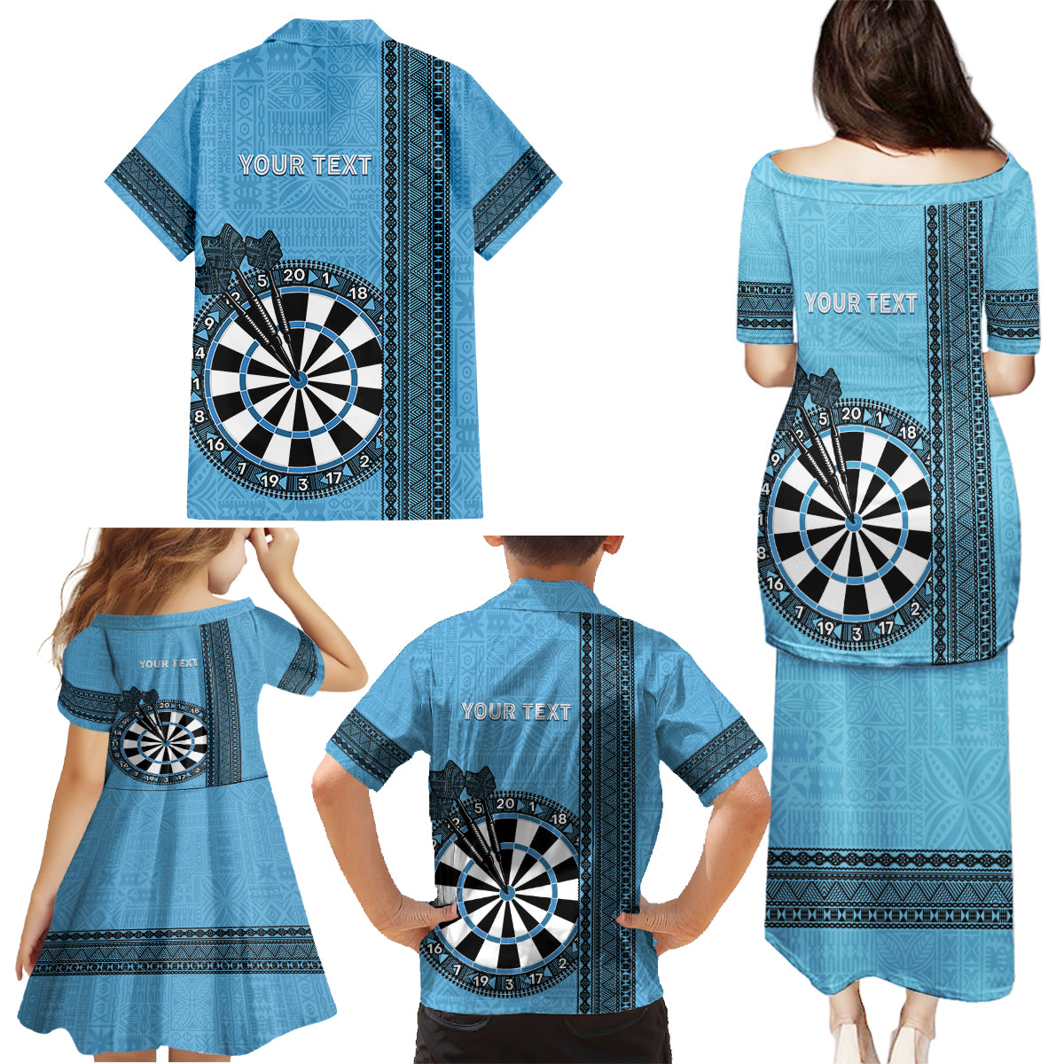 Personalised Fiji Darts Family Matching Puletasi and Hawaiian Shirt Fijian Tapa Pattern - Blue LT14 - Polynesian Pride