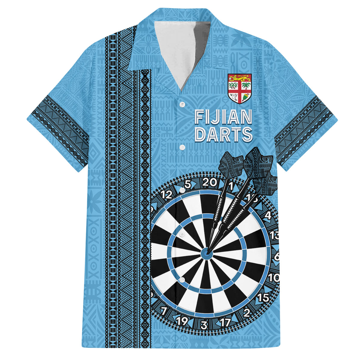 Personalised Fiji Darts Family Matching Puletasi and Hawaiian Shirt Fijian Tapa Pattern - Blue LT14 Dad's Shirt - Short Sleeve Blue - Polynesian Pride