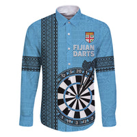 Personalised Fiji Darts Family Matching Puletasi and Hawaiian Shirt Fijian Tapa Pattern - Blue LT14 Dad's Shirt - Long Sleeve Blue - Polynesian Pride