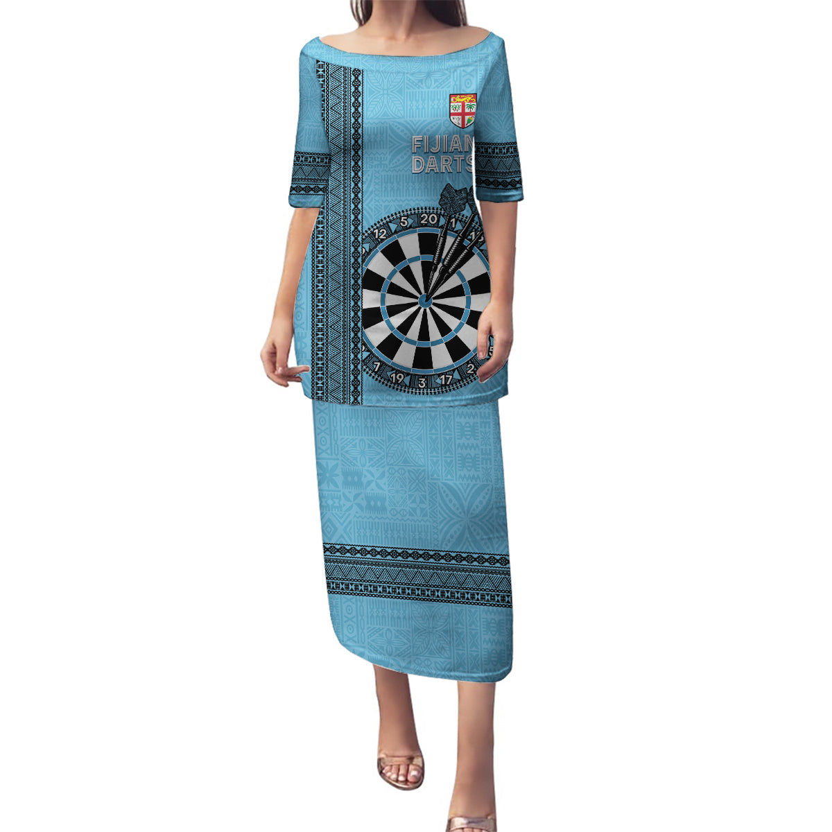 Personalised Fiji Darts Family Matching Puletasi and Hawaiian Shirt Fijian Tapa Pattern - Blue LT14 Mom's Dress Blue - Polynesian Pride