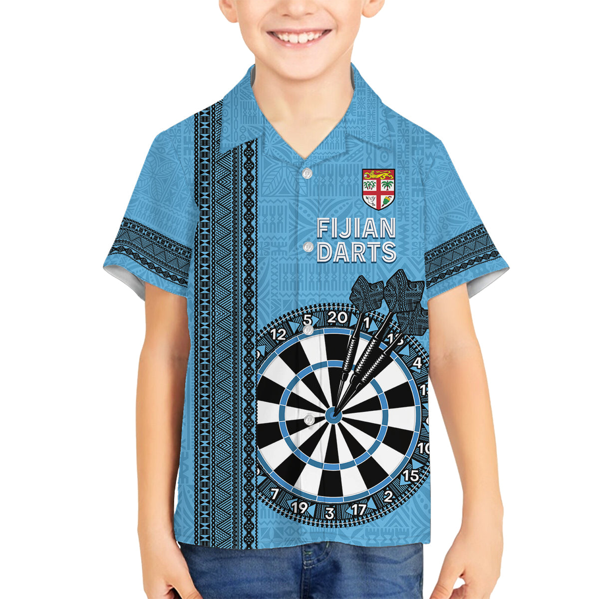 Personalised Fiji Darts Family Matching Puletasi and Hawaiian Shirt Fijian Tapa Pattern - Blue LT14 Son's Shirt Blue - Polynesian Pride