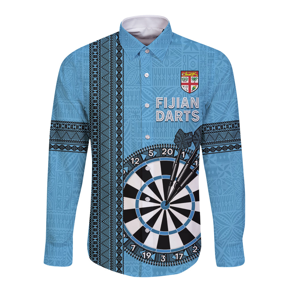 Personalised Fiji Darts Long Sleeve Button Shirt Fijian Tapa Pattern - Blue