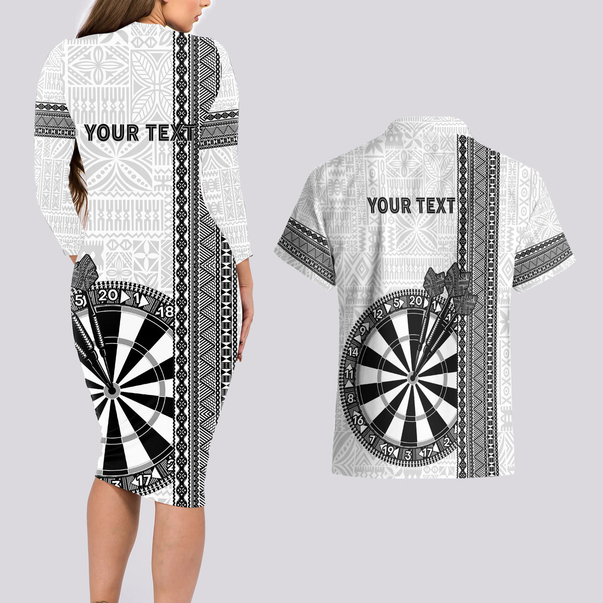 Personalised Fiji Darts Couples Matching Long Sleeve Bodycon Dress and Hawaiian Shirt Fijian Tapa Pattern - White LT14 - Polynesian Pride