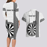 Personalised Fiji Darts Couples Matching Long Sleeve Bodycon Dress and Hawaiian Shirt Fijian Tapa Pattern - White LT14 - Polynesian Pride