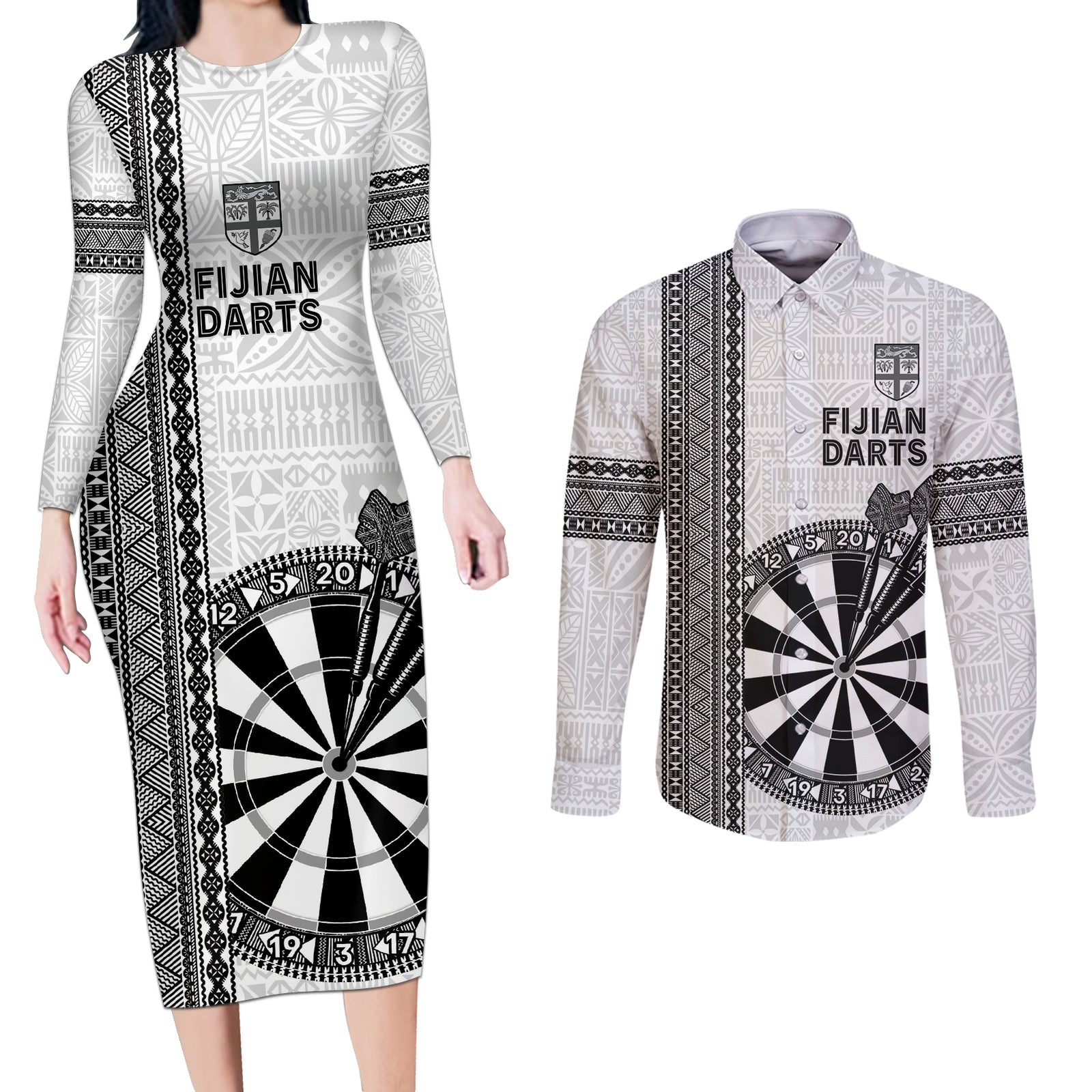 Personalised Fiji Darts Couples Matching Long Sleeve Bodycon Dress and Long Sleeve Button Shirt Fijian Tapa Pattern - White