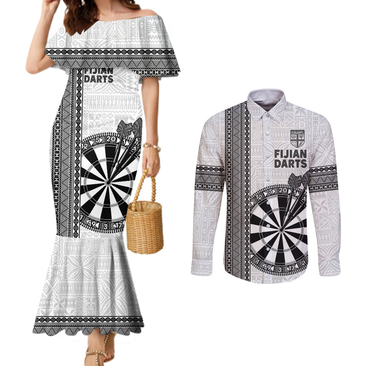 Personalised Fiji Darts Couples Matching Mermaid Dress and Long Sleeve Button Shirt Fijian Tapa Pattern - White