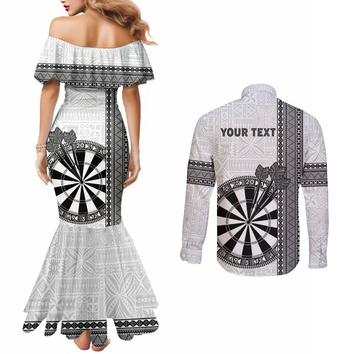 Personalised Fiji Darts Couples Matching Mermaid Dress and Long Sleeve Button Shirt Fijian Tapa Pattern - White