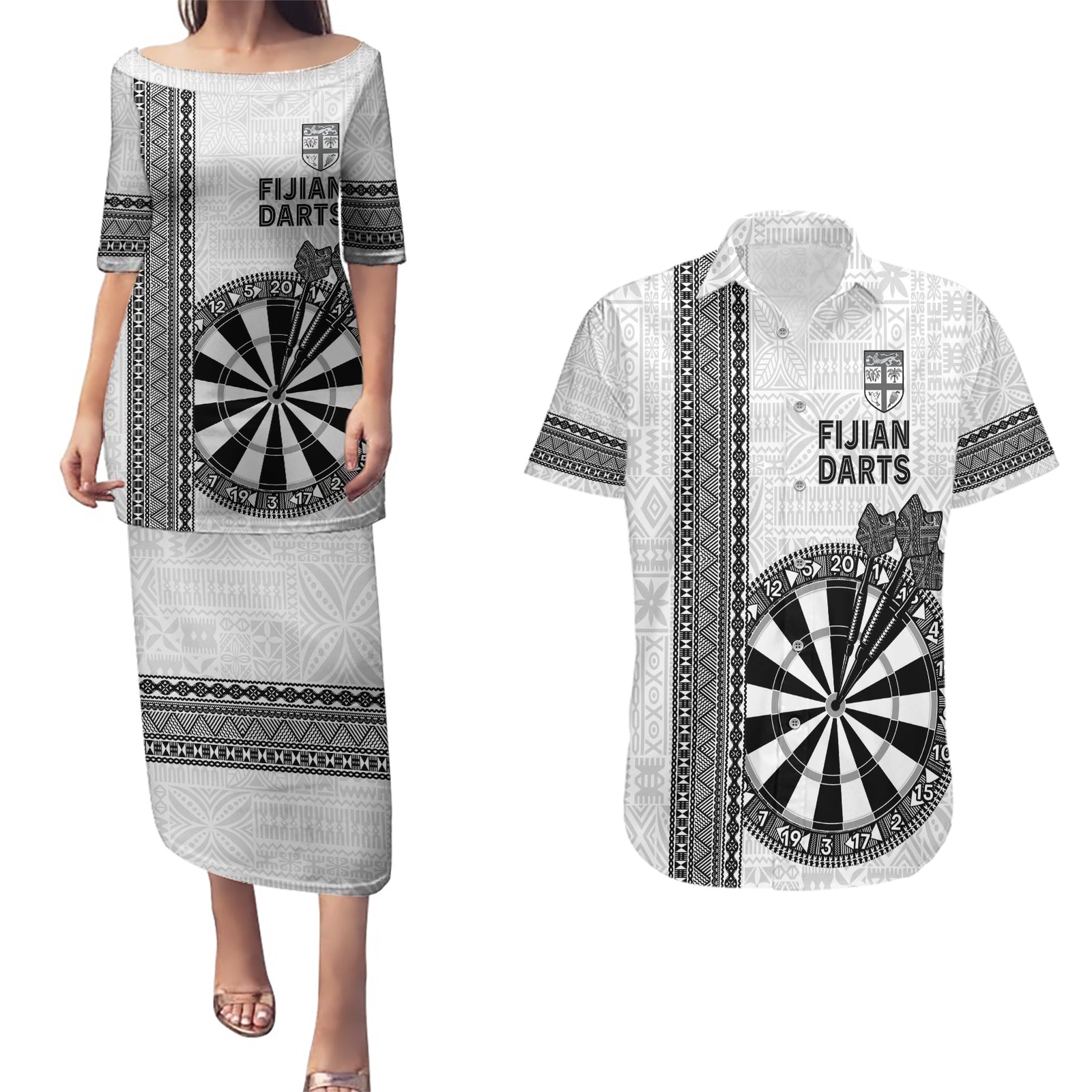 Personalised Fiji Darts Couples Matching Puletasi and Hawaiian Shirt Fijian Tapa Pattern - White