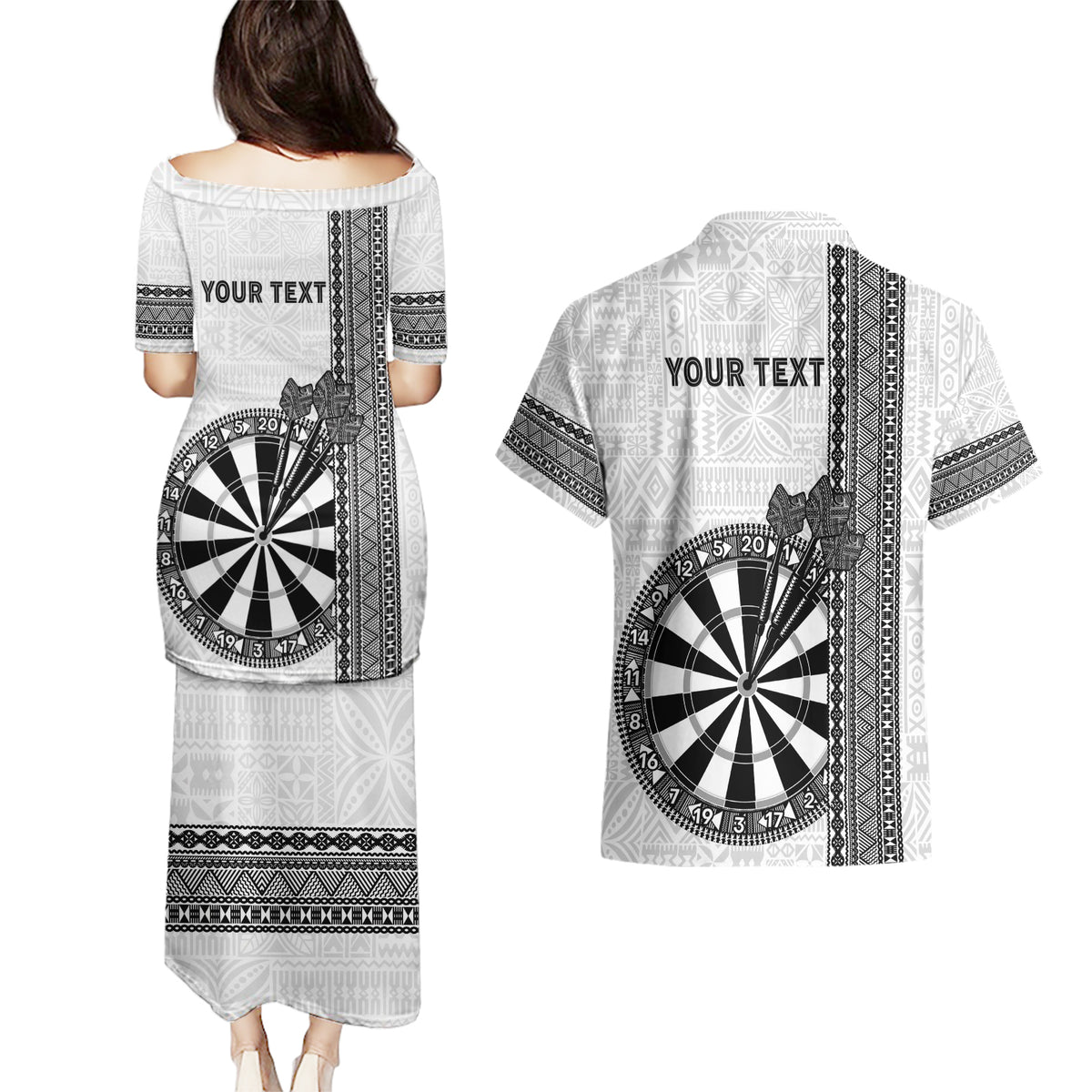 Personalised Fiji Darts Couples Matching Puletasi and Hawaiian Shirt Fijian Tapa Pattern - White