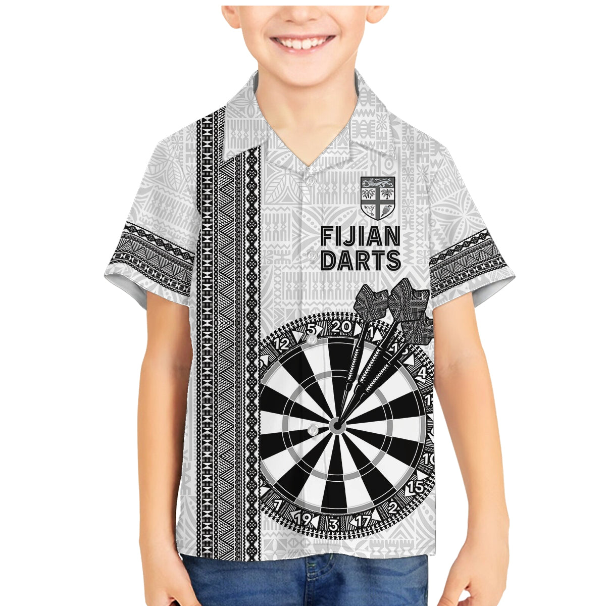 Personalised Fiji Darts Family Matching Mermaid Dress and Hawaiian Shirt Fijian Tapa Pattern - White