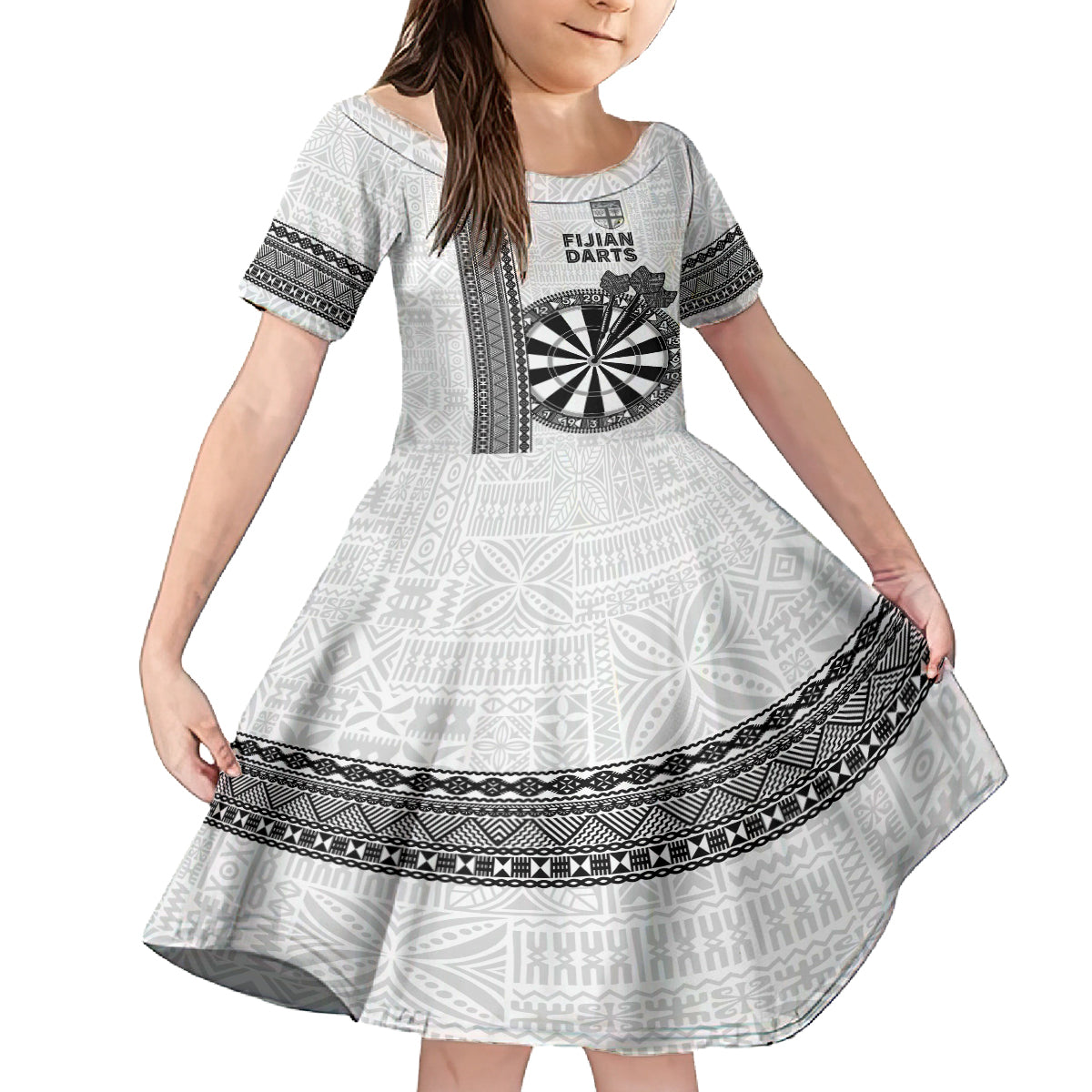 Personalised Fiji Darts Family Matching Puletasi and Hawaiian Shirt Fijian Tapa Pattern - White LT14 Daughter's Dress White - Polynesian Pride