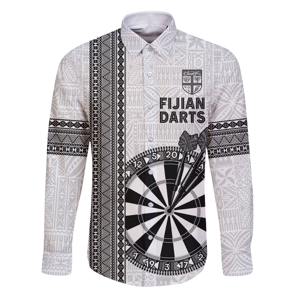 Personalised Fiji Darts Family Matching Puletasi and Hawaiian Shirt Fijian Tapa Pattern - White LT14 Dad's Shirt - Long Sleeve White - Polynesian Pride