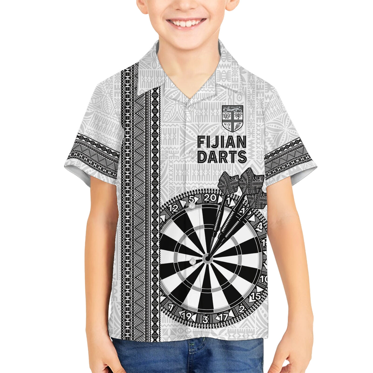 Personalised Fiji Darts Family Matching Puletasi and Hawaiian Shirt Fijian Tapa Pattern - White LT14 Son's Shirt White - Polynesian Pride