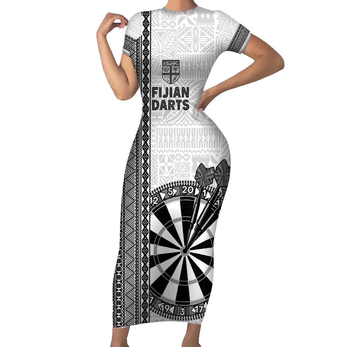 Personalised Fiji Darts Family Matching Short Sleeve Bodycon Dress and Hawaiian Shirt Fijian Tapa Pattern - White