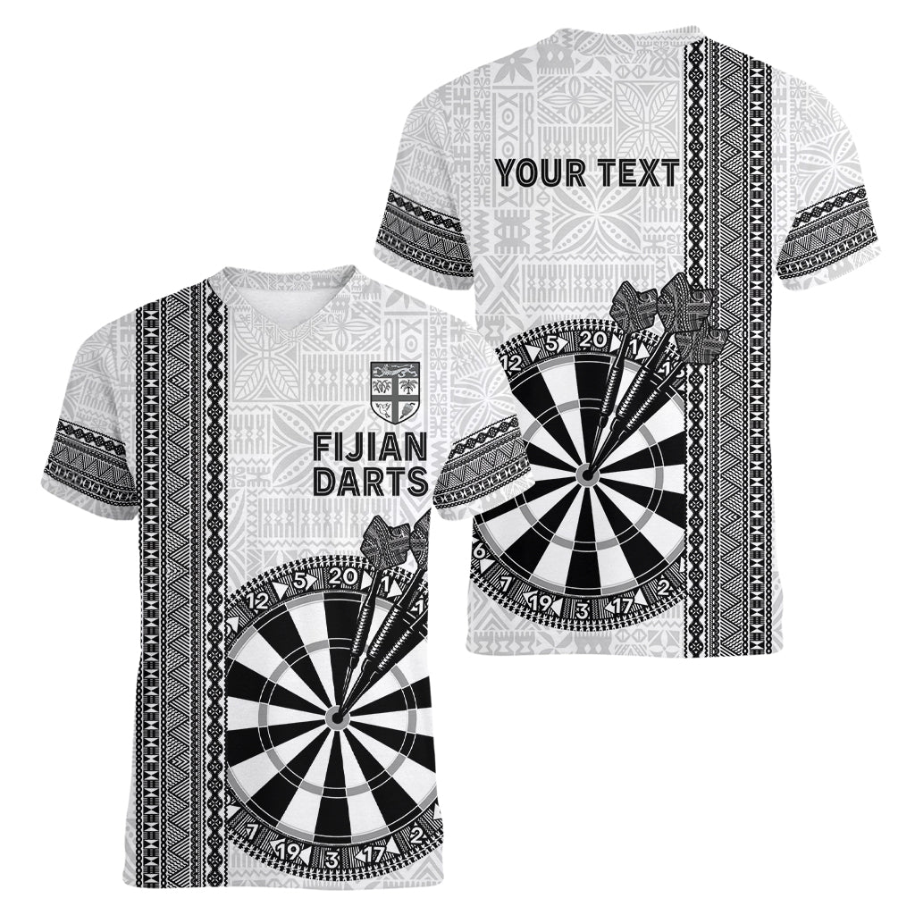 Personalised Fiji Darts Women V-Neck T-Shirt Fijian Tapa Pattern - White