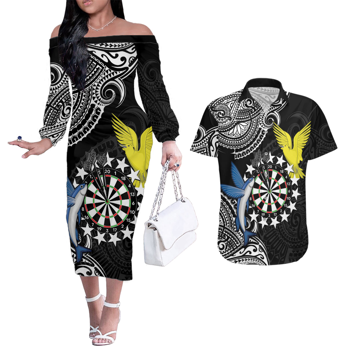 Personalised Cook Islands Darts Couples Matching Off The Shoulder Long Sleeve Dress and Hawaiian Shirt Kuki Airani Tribal Pattern