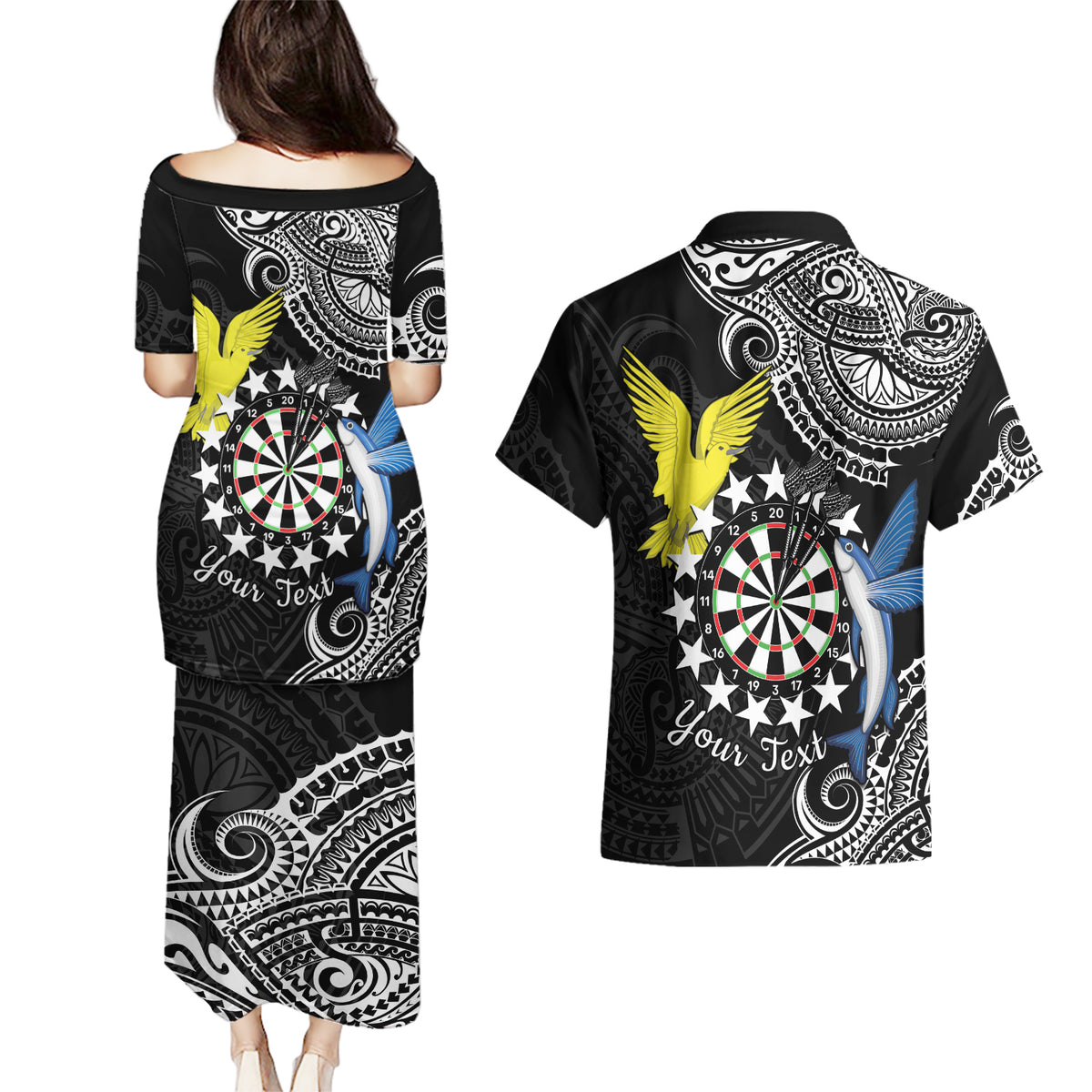 Personalised Cook Islands Darts Couples Matching Puletasi and Hawaiian Shirt Kuki Airani Tribal Pattern