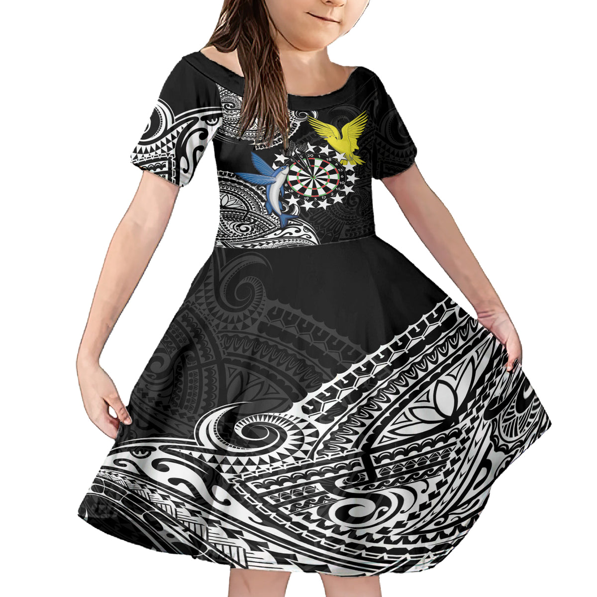 Personalised Cook Islands Darts Family Matching Short Sleeve Bodycon Dress and Hawaiian Shirt Kuki Airani Tribal Pattern LT14 Daughter's Dress Black - Polynesian Pride