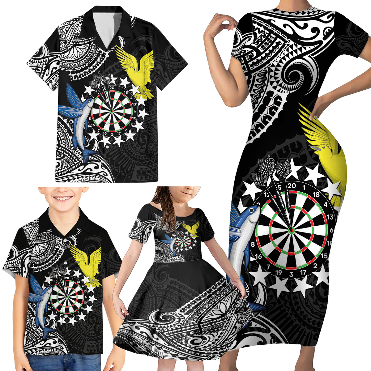 Personalised Cook Islands Darts Family Matching Short Sleeve Bodycon Dress and Hawaiian Shirt Kuki Airani Tribal Pattern LT14 - Polynesian Pride