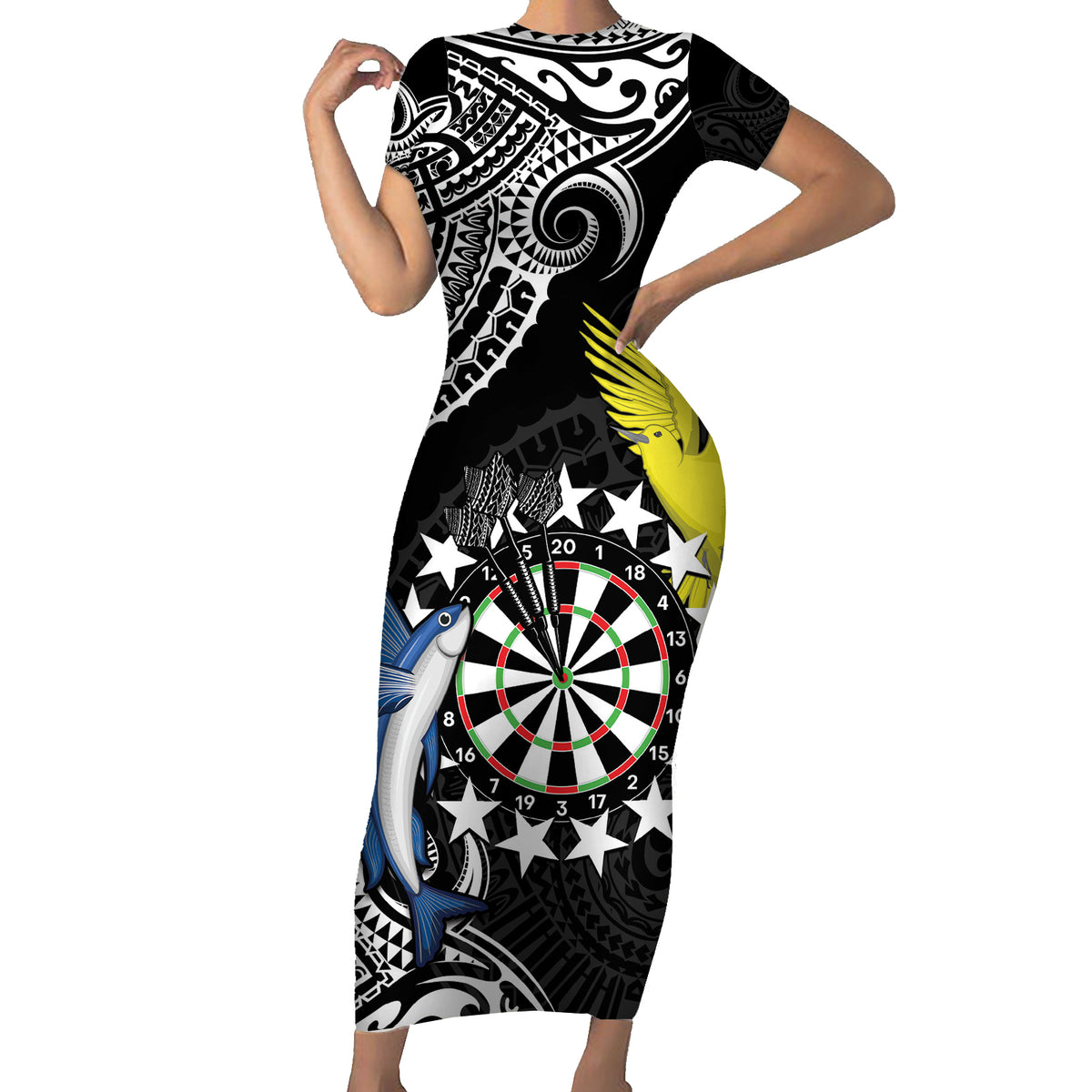 Personalised Cook Islands Darts Family Matching Short Sleeve Bodycon Dress and Hawaiian Shirt Kuki Airani Tribal Pattern LT14 Mom's Dress Black - Polynesian Pride