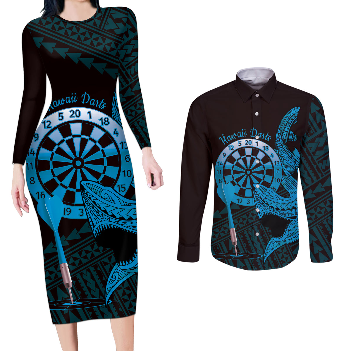 Aloha Hawaii Darts Couples Matching Long Sleeve Bodycon Dress and Long Sleeve Button Shirt Dart Board With Polynesian Shark - Blue LT14 Blue - Polynesian Pride
