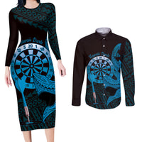 Aloha Hawaii Darts Couples Matching Long Sleeve Bodycon Dress and Long Sleeve Button Shirt Dart Board With Polynesian Shark - Blue LT14 Blue - Polynesian Pride