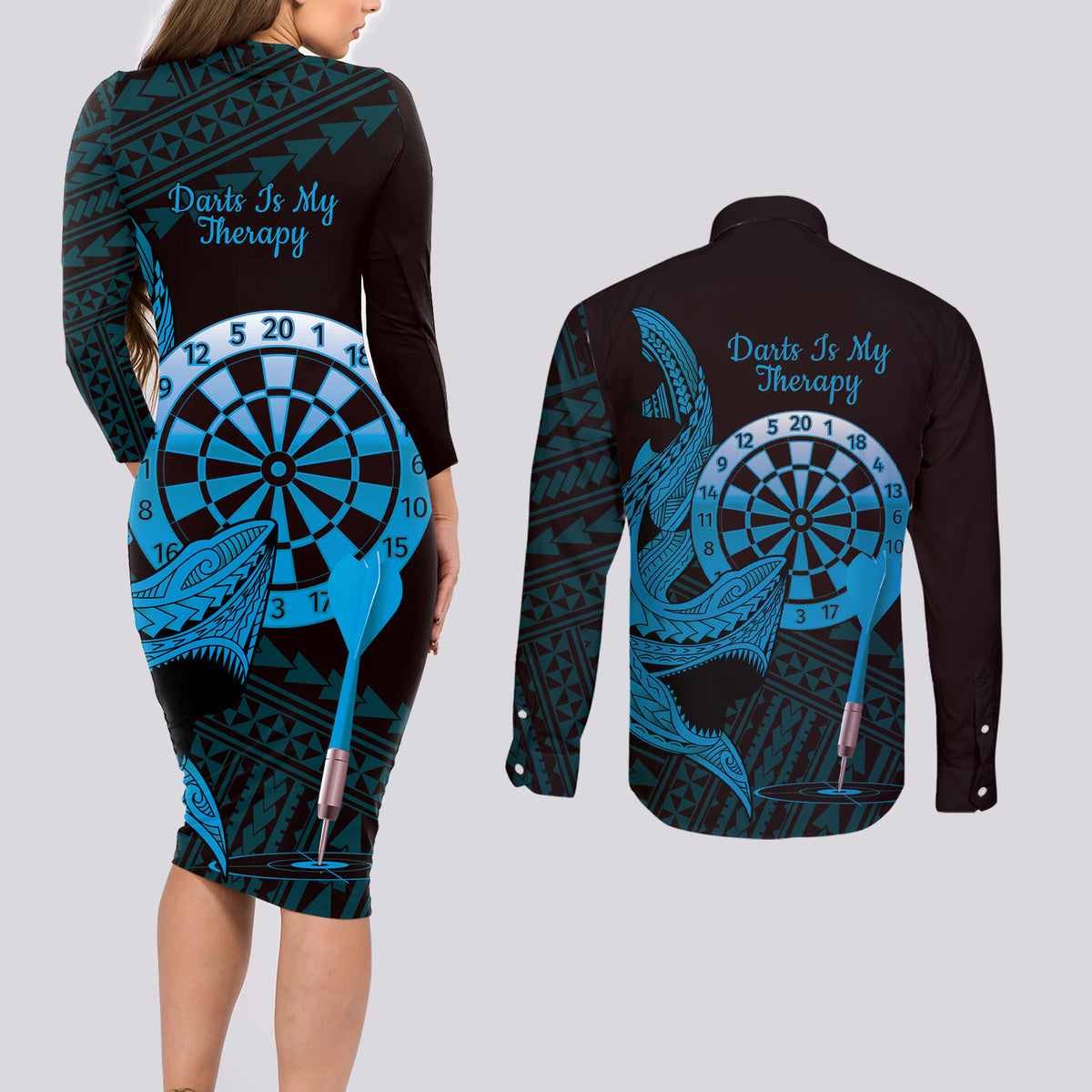 Aloha Hawaii Darts Couples Matching Long Sleeve Bodycon Dress and Long Sleeve Button Shirt Dart Board With Polynesian Shark - Blue LT14 - Polynesian Pride