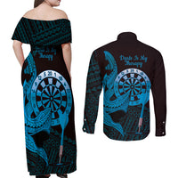 Aloha Hawaii Darts Couples Matching Off Shoulder Maxi Dress and Long Sleeve Button Shirt Dart Board With Polynesian Shark - Blue