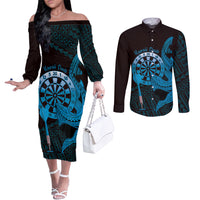 Aloha Hawaii Darts Couples Matching Off The Shoulder Long Sleeve Dress and Long Sleeve Button Shirt Dart Board With Polynesian Shark - Blue