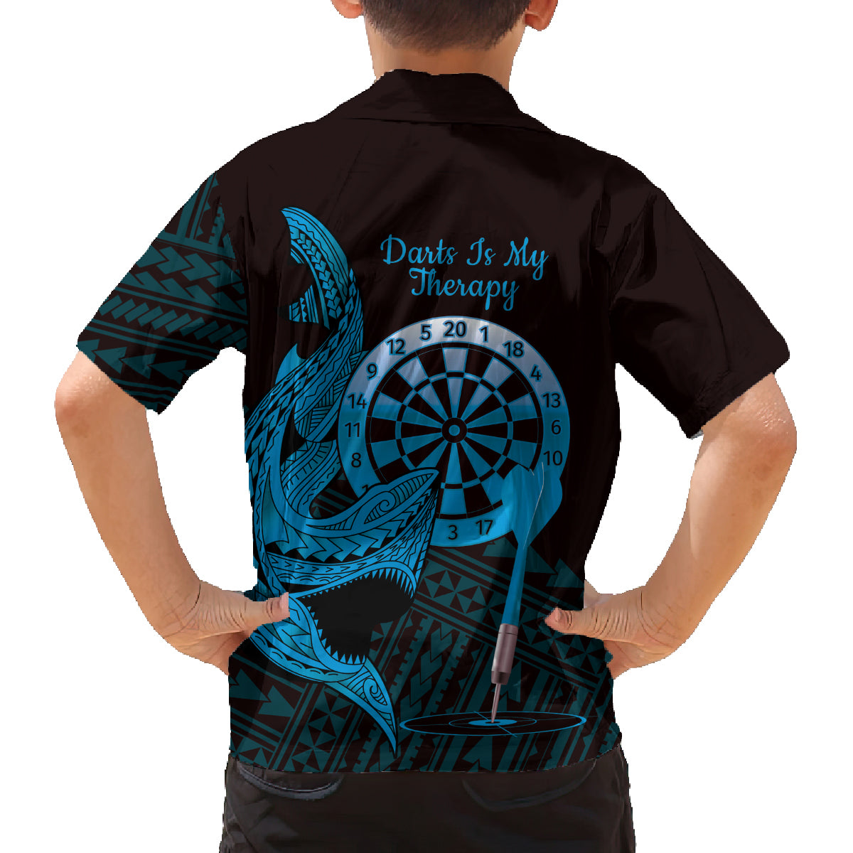 Aloha Hawaii Darts Family Matching Long Sleeve Bodycon Dress and Hawaiian Shirt Dart Board With Polynesian Shark - Blue LT14 - Polynesian Pride