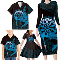 Aloha Hawaii Darts Family Matching Long Sleeve Bodycon Dress and Hawaiian Shirt Dart Board With Polynesian Shark - Blue LT14 - Polynesian Pride