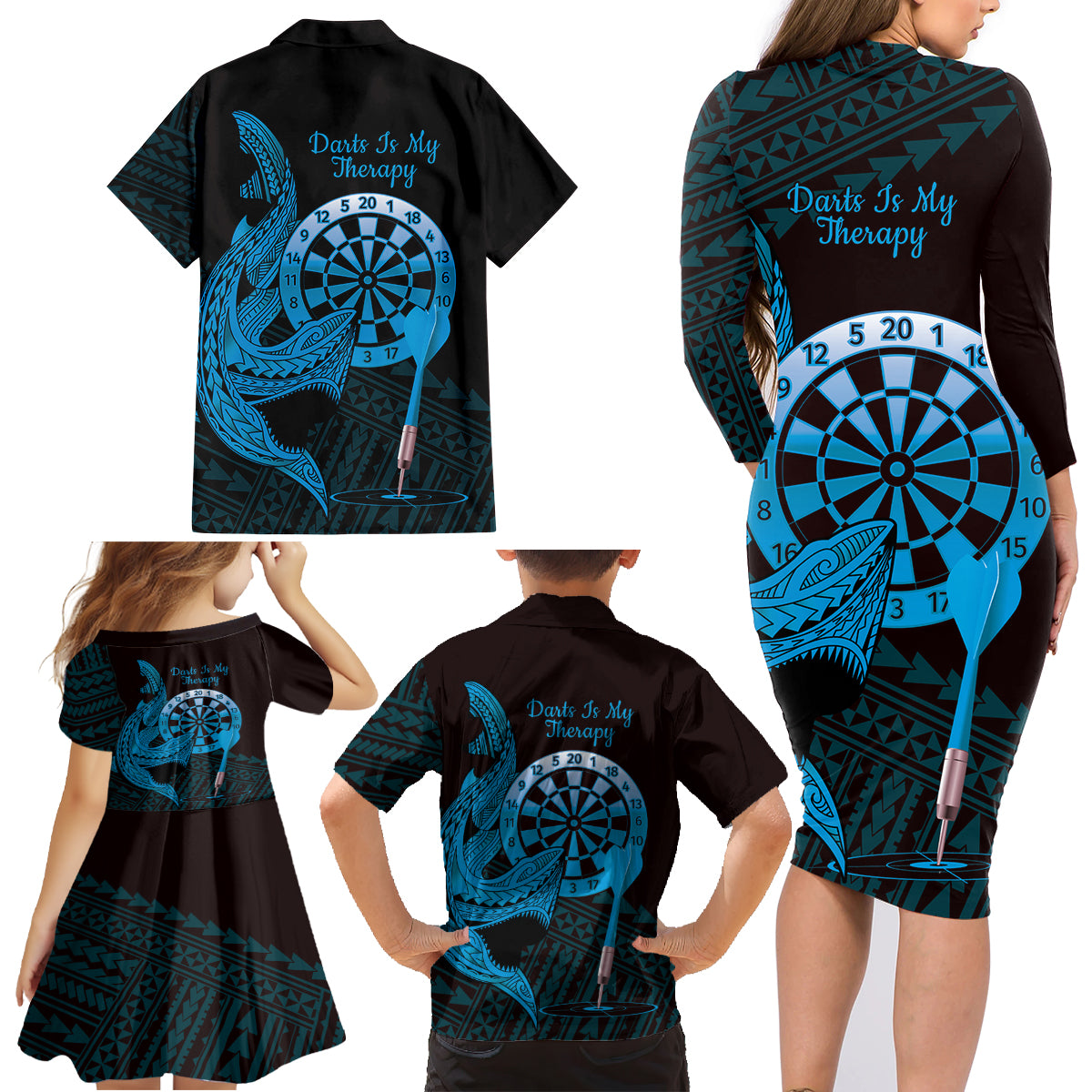 Aloha Hawaii Darts Family Matching Long Sleeve Bodycon Dress and Hawaiian Shirt Dart Board With Polynesian Shark - Blue LT14 - Polynesian Pride