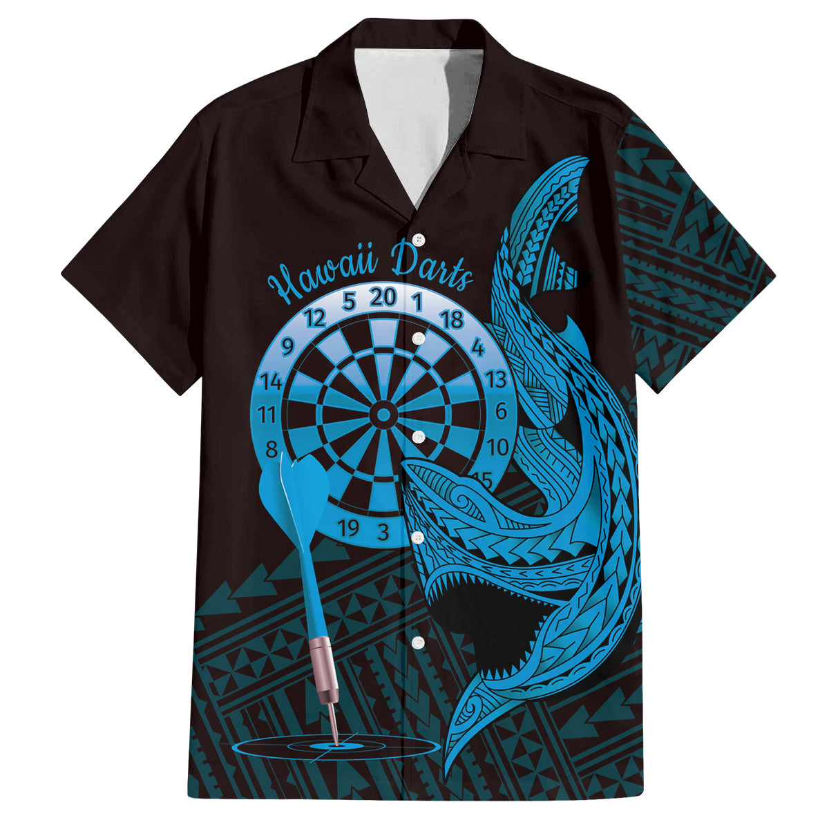 Aloha Hawaii Darts Family Matching Long Sleeve Bodycon Dress and Hawaiian Shirt Dart Board With Polynesian Shark - Blue LT14 Dad's Shirt - Short Sleeve Blue - Polynesian Pride